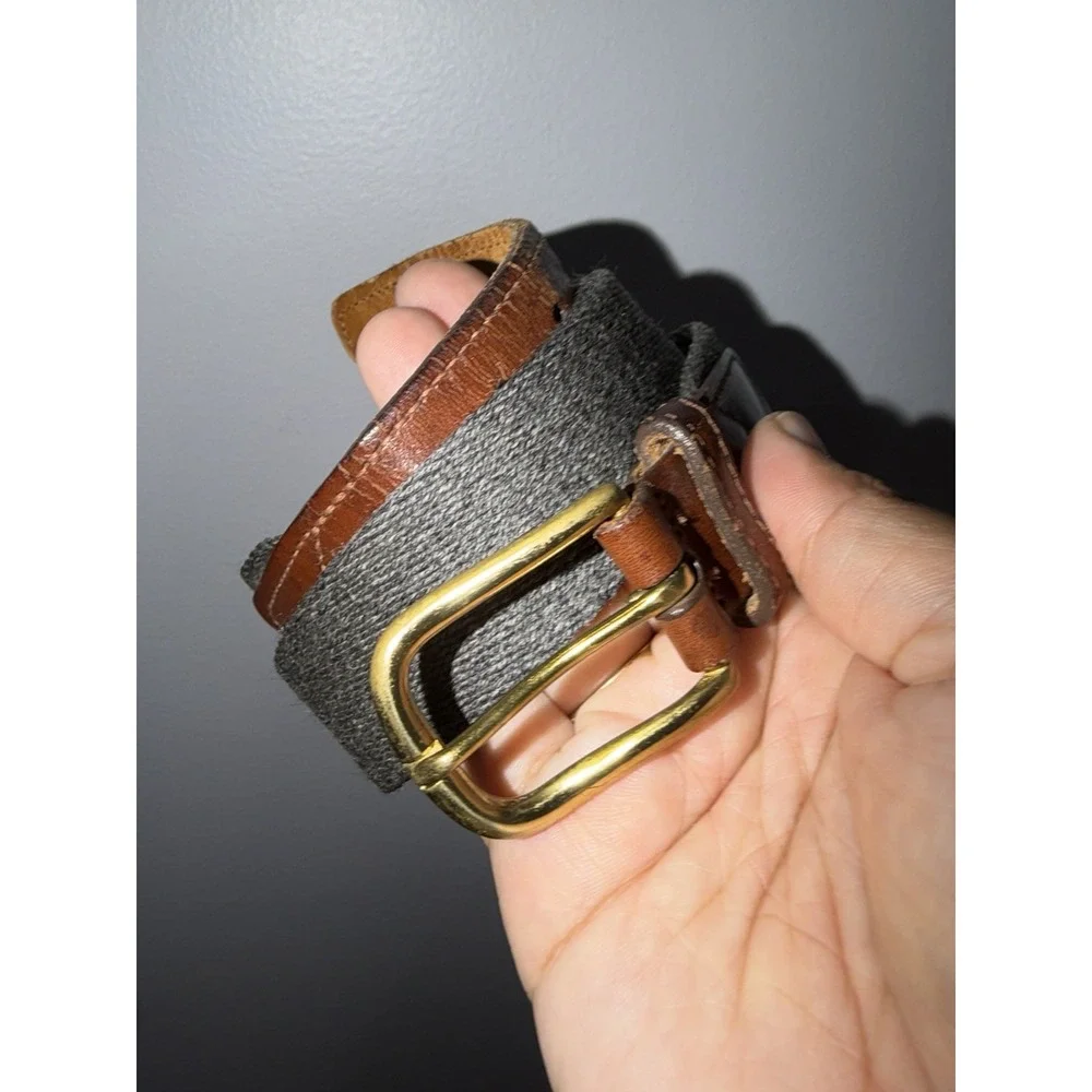 Brooks Brothers Mens Woven Leather Fabric Belt Size 34 Gray Tan Brass Buckle
